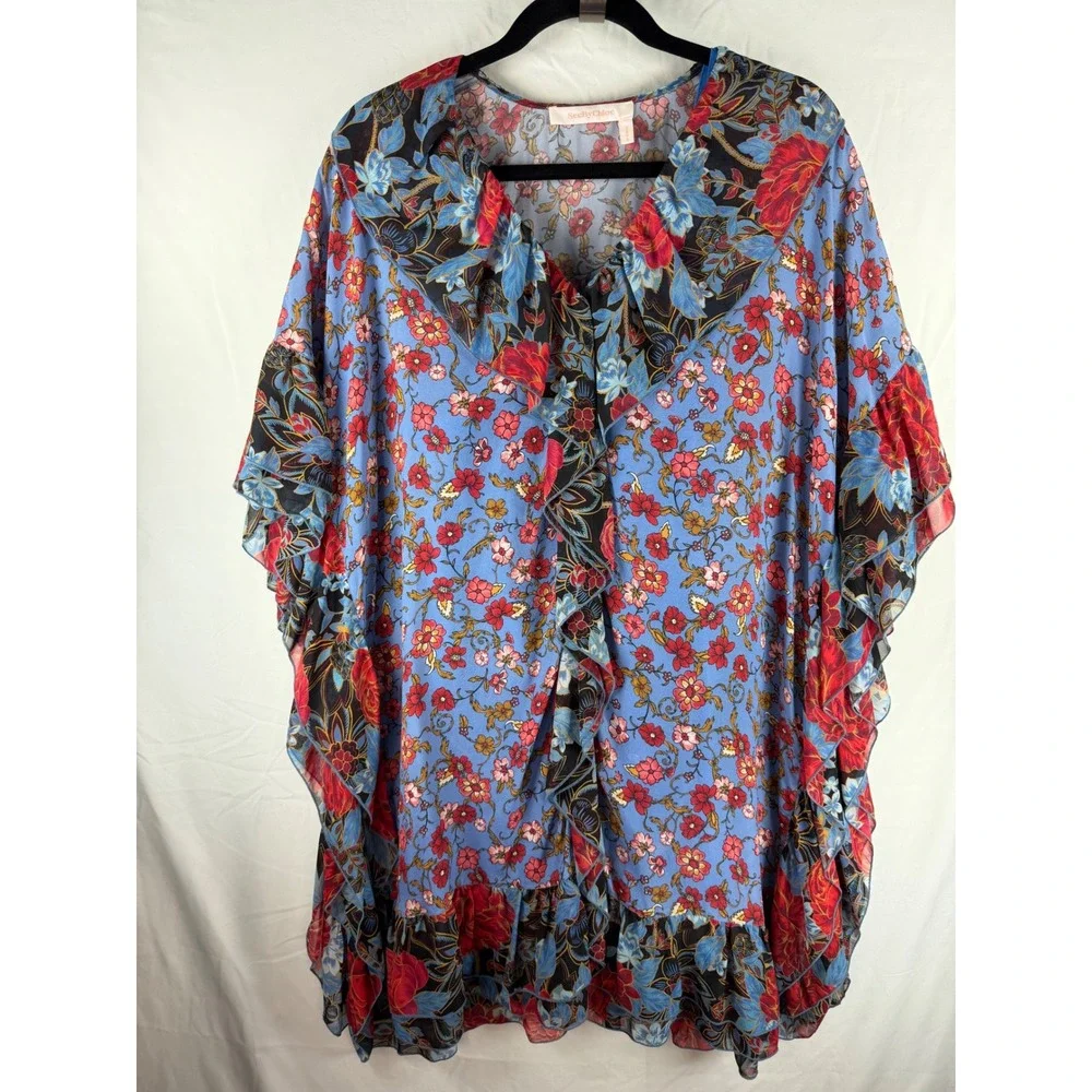 See‎ By Chloe Blue Dream Floral Silk Ruffle Kaftan Dress  Size 36